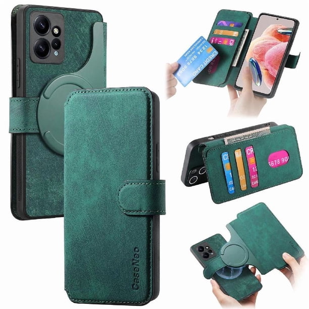 Funda Billetera Magnética para Xiaomi Redmi Note 12 4G Soporte Tarjetas Desmontable Verde
