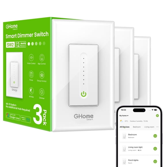 Interruptor atenuador inteligente GHome de un polo, WiFi, Alexa, Google, 3 piezas