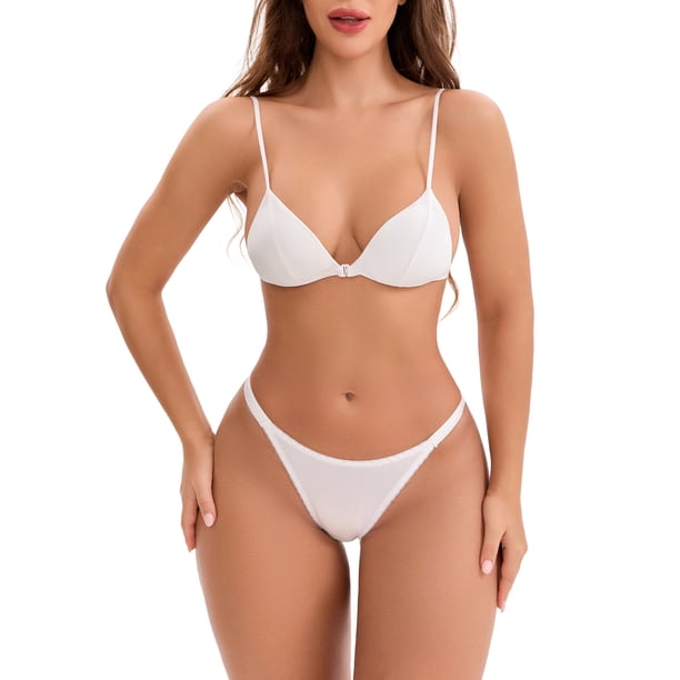 INSPIRE CHIC Sujetador triangular sin aros con tirantes finos y cierre frontal de satén para mujer y tanga ligera sin costuras, paquete de 2, talla L, blanco