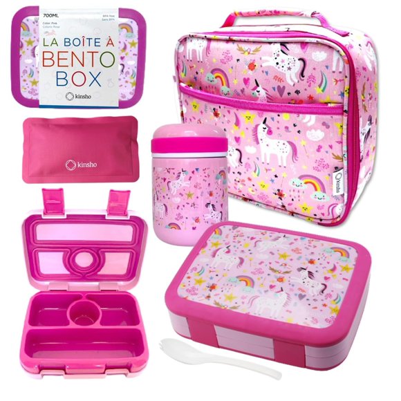 Set Bento Box kinsho Unicornio Rosa + Termo y Bolsa