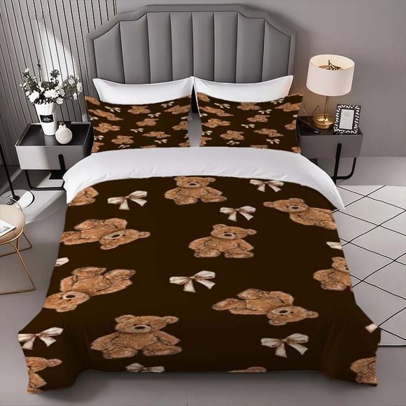 Bow Bear Themed Bedding Three-Piece Set Duvet Cover and Pillowcase Set Soft and Comfortable