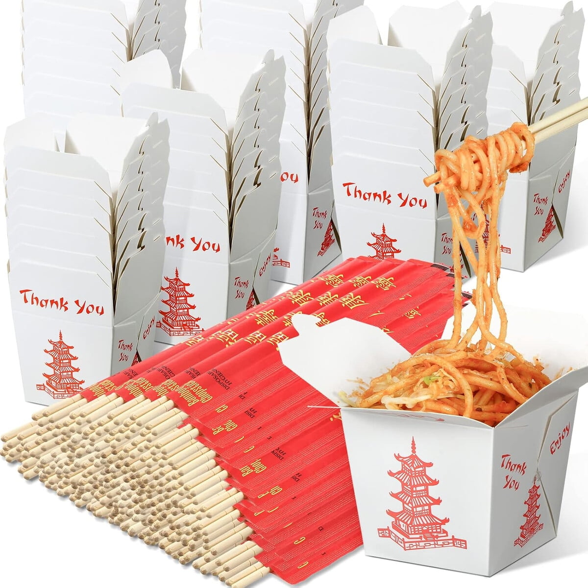 Cajas Comida China Sabary 8oz 50 Unidades Con Palillos