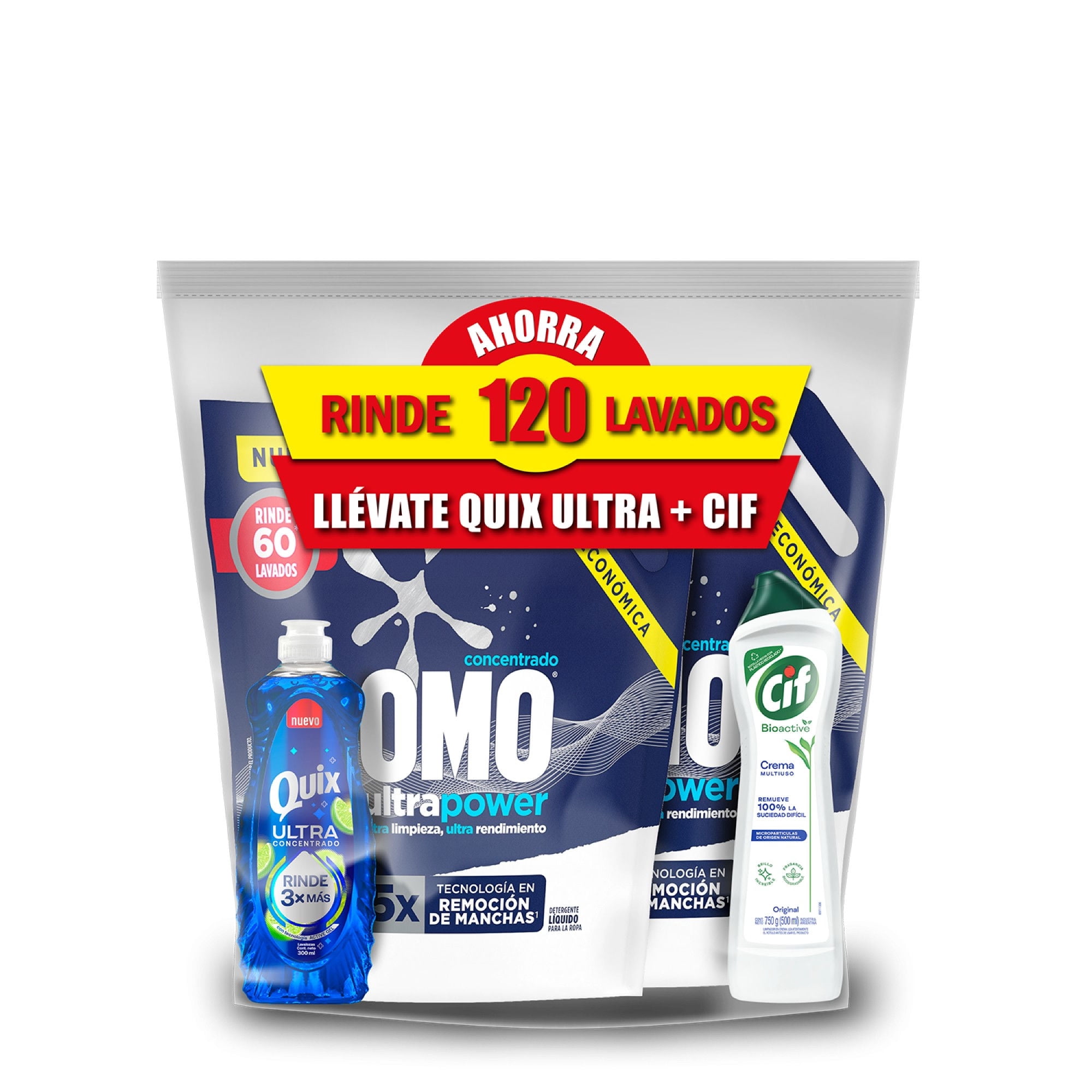 Detergente Líquido Omo Mix Ultra Power Doypack + 1 Quix Ultra 300 Ml + Cif Crema 450ml Pack