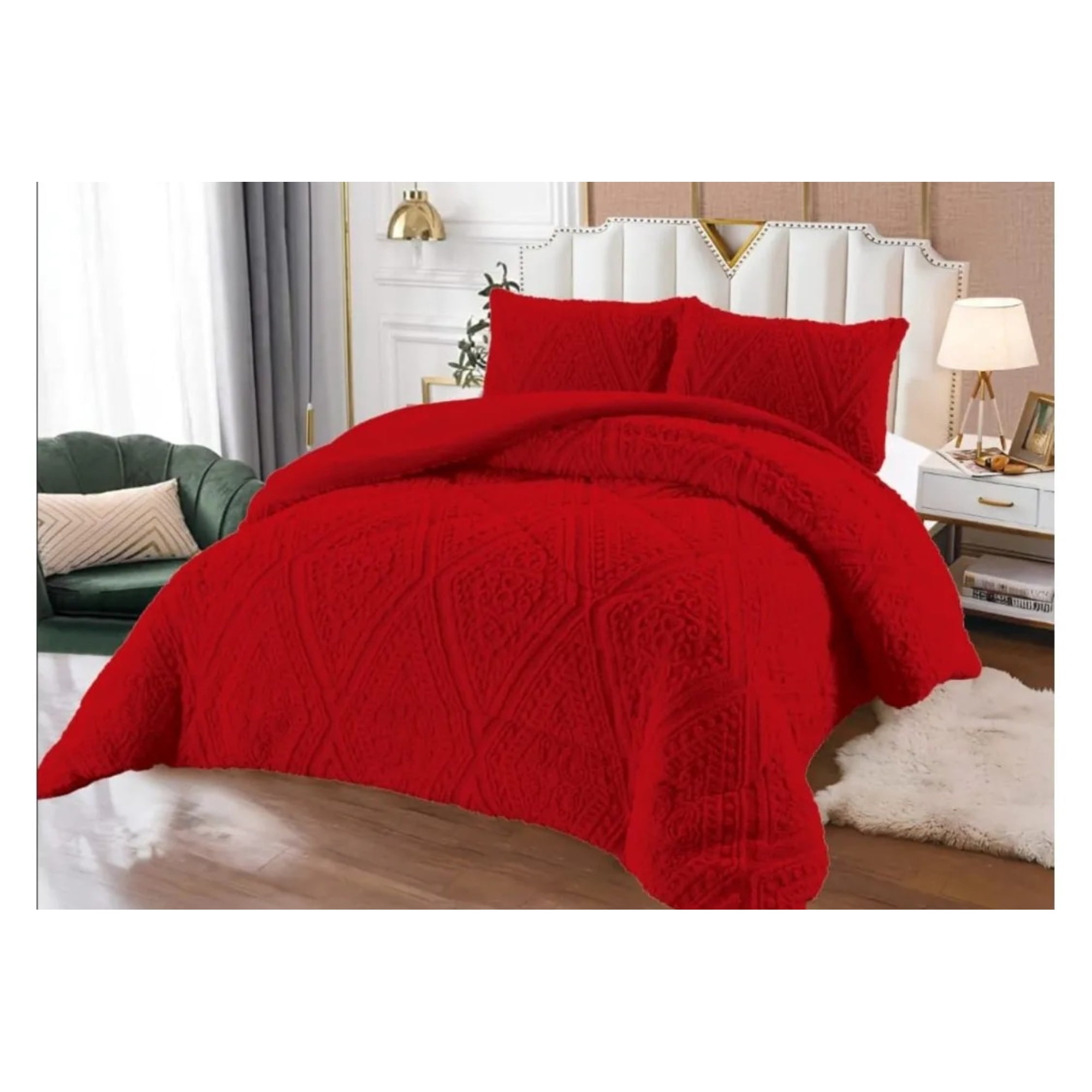 Genérico - Plumón Rojo 2 Plazas Diseño Trenzado, Polar + 2 Fundas Polar