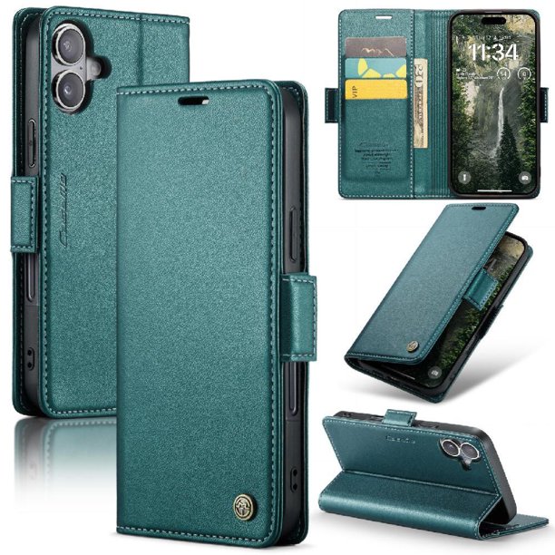 CaseMe tipo cartera iPhone 16 Plus con cierre magnético, RFID, tarjetero, soporte, carga inalámbrica