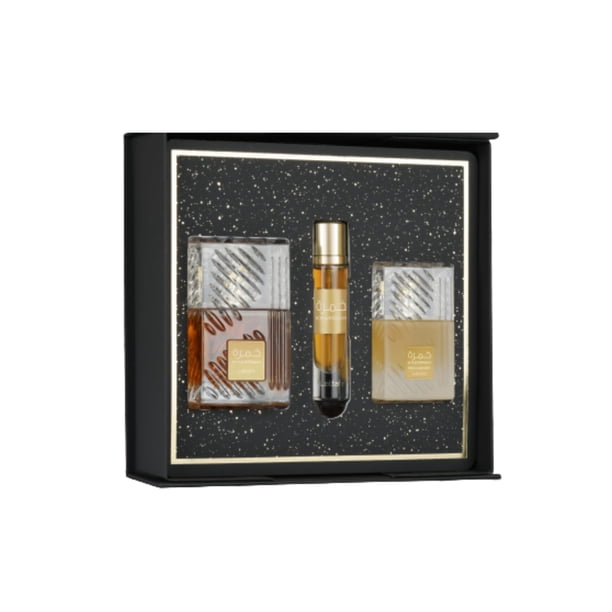 Set de regalo de perfume Lattafa Khamrah 100 ml EDP + 12 ml travel + 50 ml hair mist