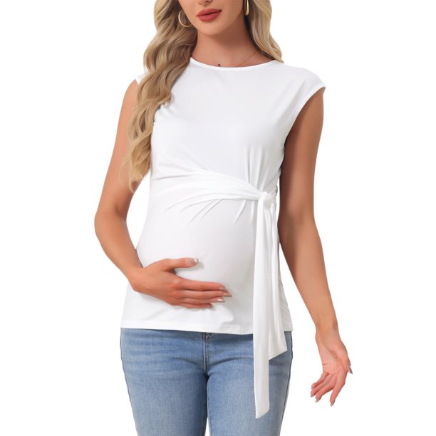INSPIRE CHIC Blusa de maternidad para mujer con lazo en la cintura, manga corta, verano 2025, camiseta de oficina, trabajo, M blanco