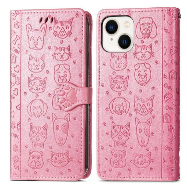 Funda Cartera FOXDOCK para iPhone 15 , Flip PU con Relieve de Gatos y Perros, Tarjetero y Soporte