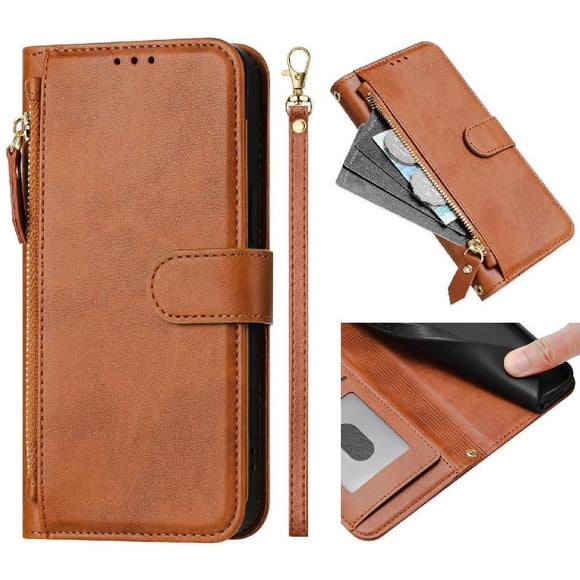 Funda para Honor play 6T pro 5G con cremallera tipo cartera, tarjetero, marco de fotos, soporte y cordón, de piel sintética. marrón