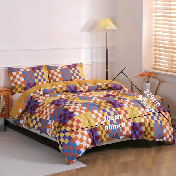 3PCs d-own Q-uilt Cover-% Polyester Bedd-ing Suit w-ith Pringt-ing C-olor Plaid C-heckerb-oard down -Quilt Cover