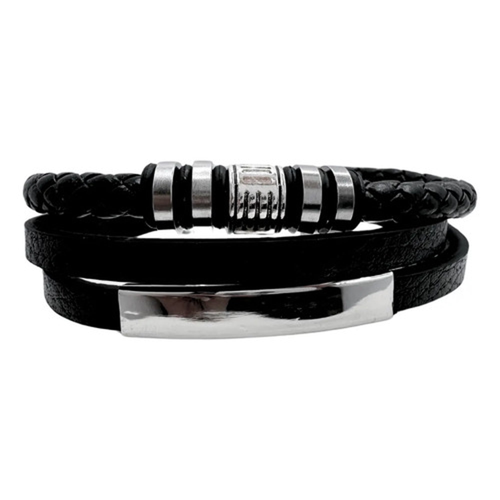 Marca - Pulsera Triple, Ecocuero Negro Y Acero Inoxidable, Hombre Negro 7.5 Cm 21 Cm