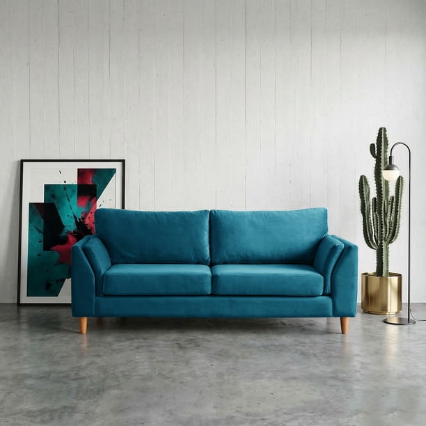 Sofa Milan 3C Con Resortes Pocket Tela Velvet Azul Petroleo