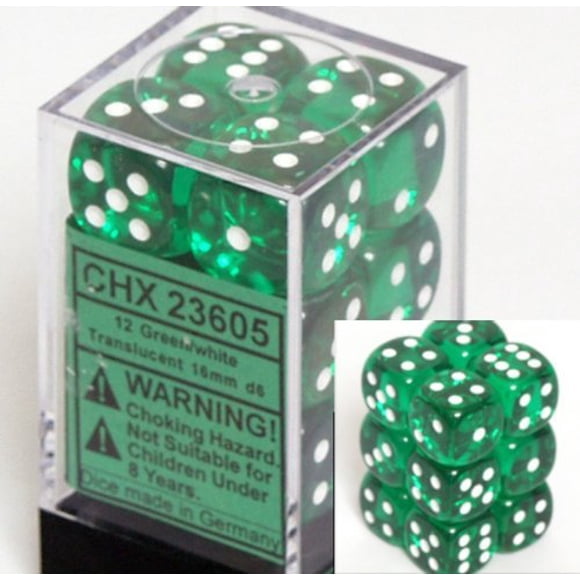 Juego de dados Chessex D6 verde/blanco translúcido 16 mm (12)