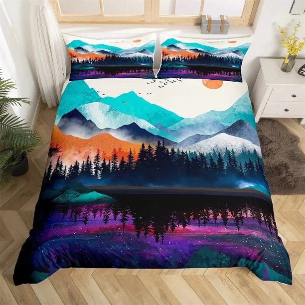 x2154 Bed SheetsSmoky Mountain Duvet Cover Set Misty Forest Bedding Set Full Size Grey Trees Natural Scenery Art Comforter Cover 3-Piece Bedding Set (1 Duvet Cover + 2 Pillow Shams) nj2154