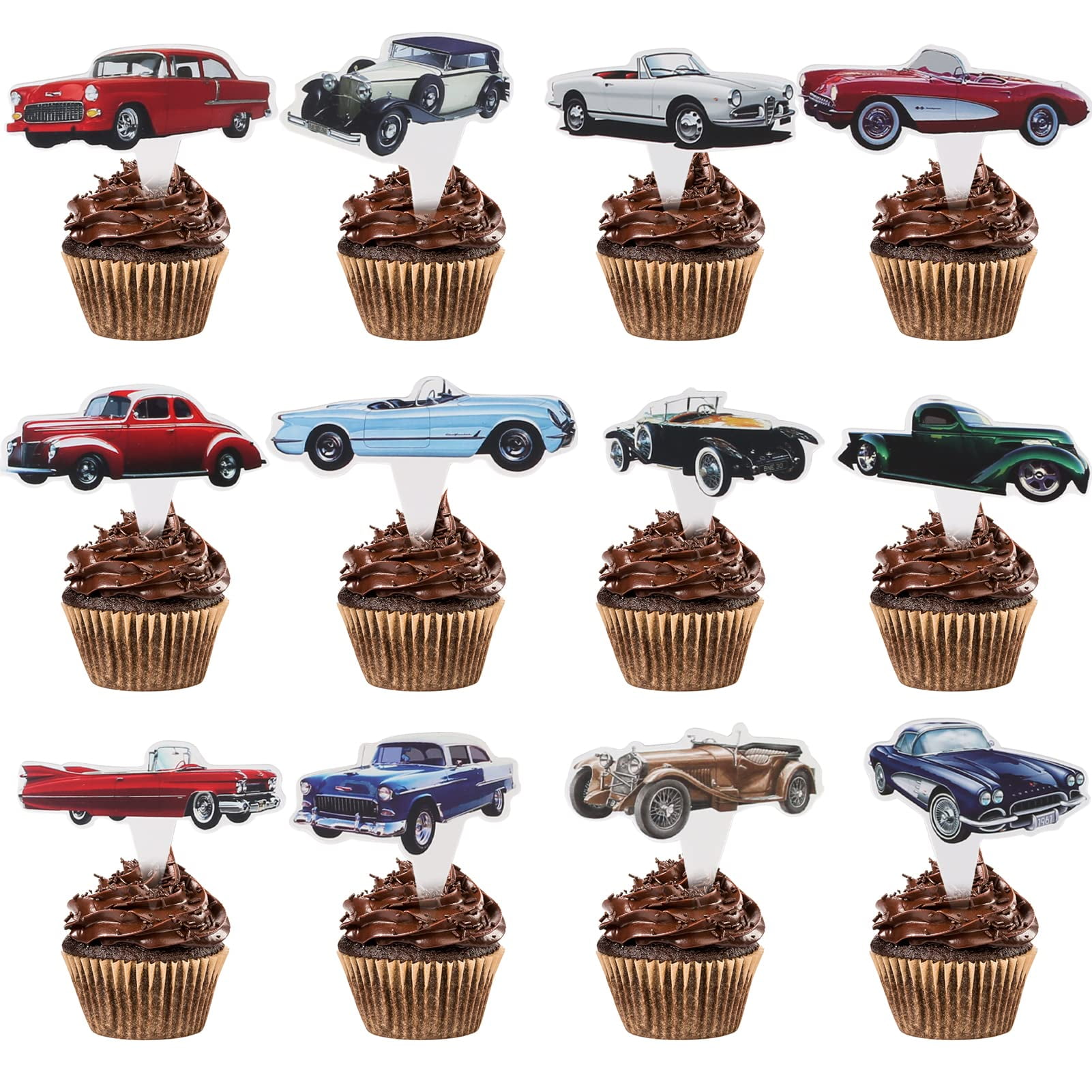 Loshine - Cupcake Toppers Vintage Car 24 Piezas, Coche Vintage Y Clásico