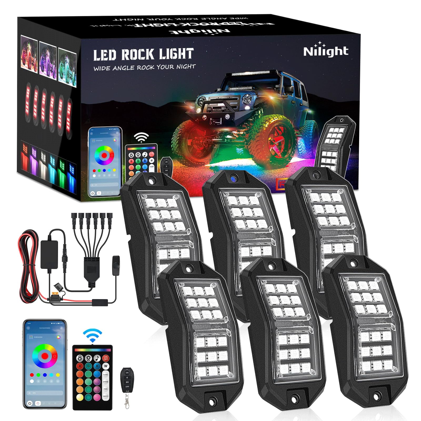 Kit De Luces Led Rgb Para Rocas Nilight, 6 Piezas, Gran Angular, Bluetooth