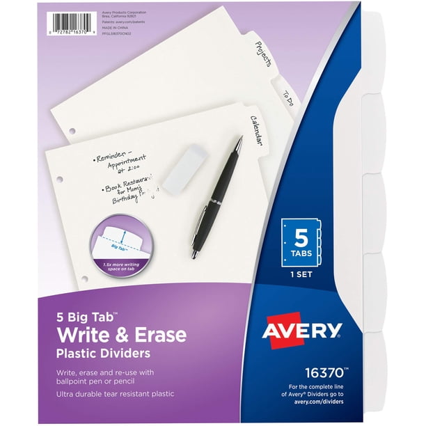 Separadores de plástico Avery Big Tab Write & Erase, juego de 5 pestañas, color blanco