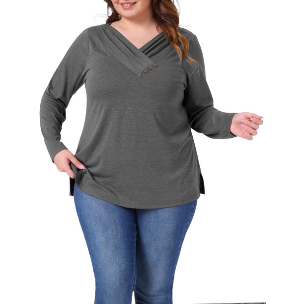 Agnes Orinda Conjuntos de Halloween Blusas Túnica Tallas Grandes para Mujeres Camiseta de Manga Larga con Cuello en V y Botones para Otoño Camisa Suelta 4X Gris