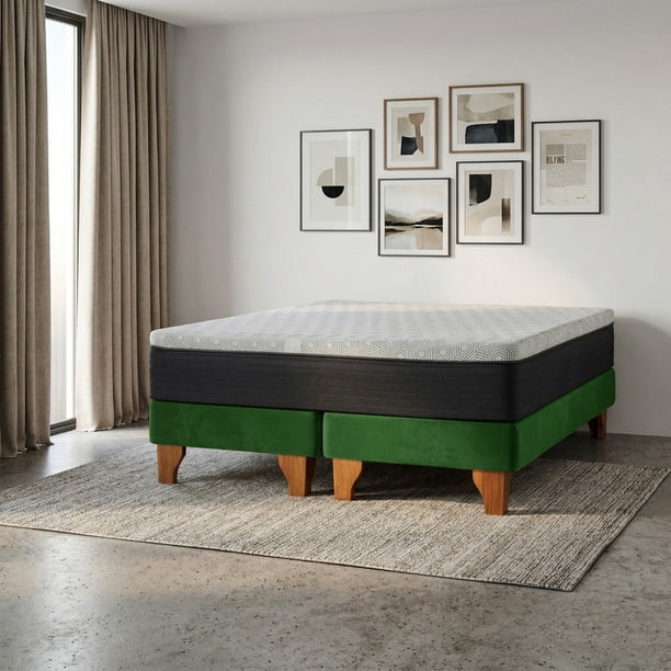 Cama Europea New Top Colchon Resortes 23 Cm 2 Plazas Base Dividida Tela Velvet Verde
