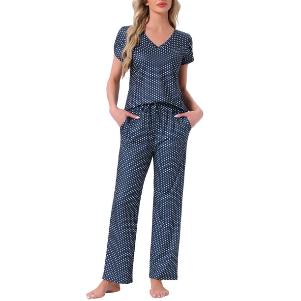 INSPIRE CHIC Pijamas para Mujer Cuello en V Manga Corta con Pantalones de Cordón Conjunto de Ropa de Dormir Estampado con Bolsillos S Punto Azul
