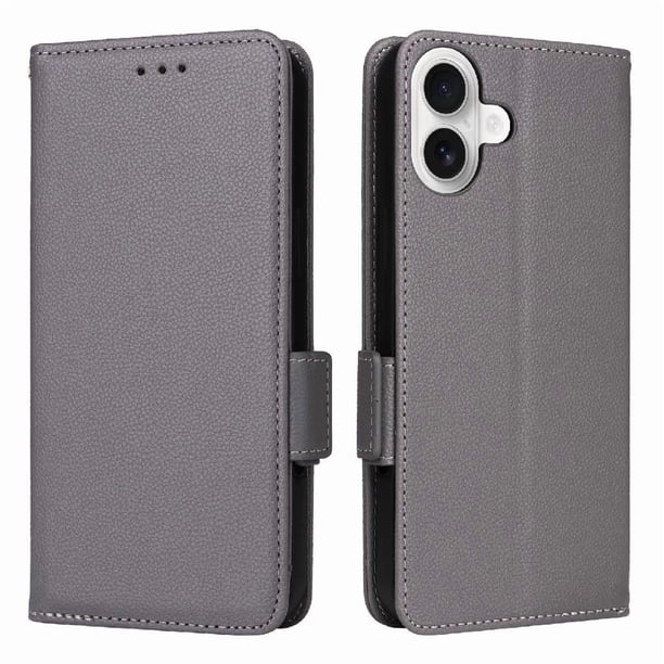 Funda Cartera para iPhone 16 Tapa Flip con Ranuras y Soporte Gris
