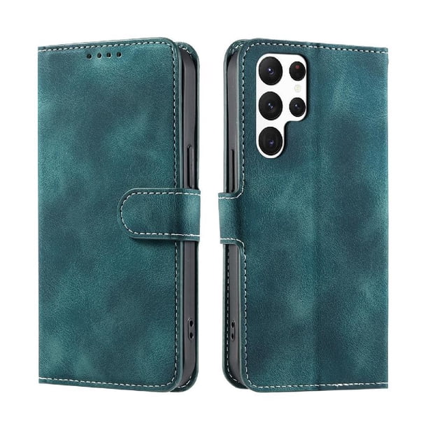 Funda Cartera para Samsung Galaxy S22 Ultra Tapa con Ranuras, Soporte y Correa Verde