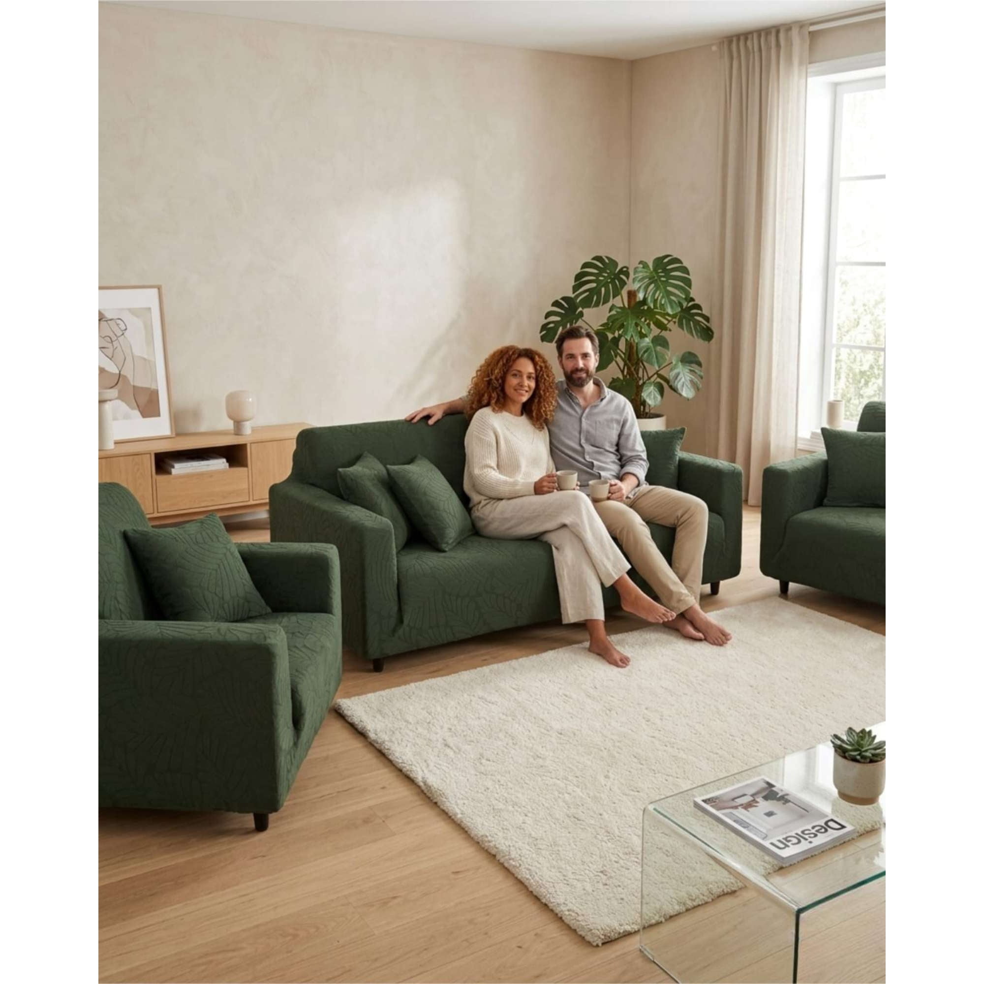 Myl Todo Hogar - Juego De Fundas Para Sillones 3+1+1 Diseño Hojas Elásticas Y Lavables