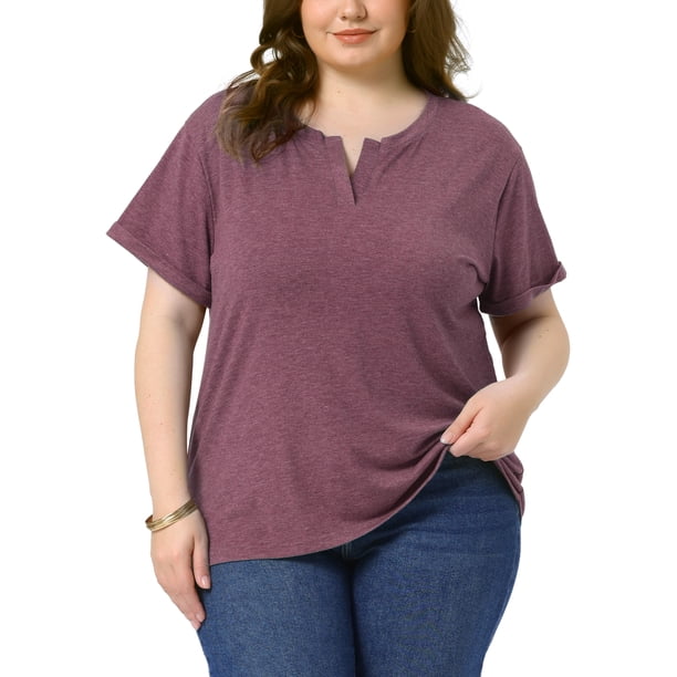 Agnes Orinda Camisetas de Mujer Tallas Grandes Cuello en V con Muesca Mangas Cortas Enrolladas Camisetas Suaves y Casuales de Verano 2025 4X Burdeos