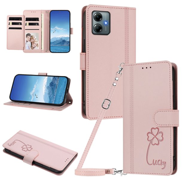 Funda Cartera Trébol para Motorola Moto G Play 2025 con Ranuras Tarjetas y Carga Inalámbrica Rosa
