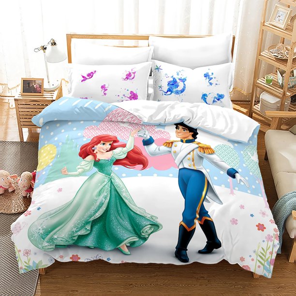 Little Mermaid Bedding Set Cute Print Princess Duvet Cover Ariel Animated Quilt Cover for Boys Girls Children's Room Bed Sheets
