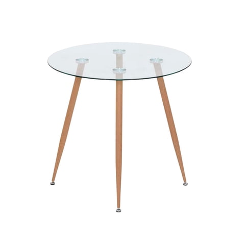 Habita2 Chile - Mesa Redonda De Vidrio Minimalista 120Cm Simil Madera - Estructura Wood