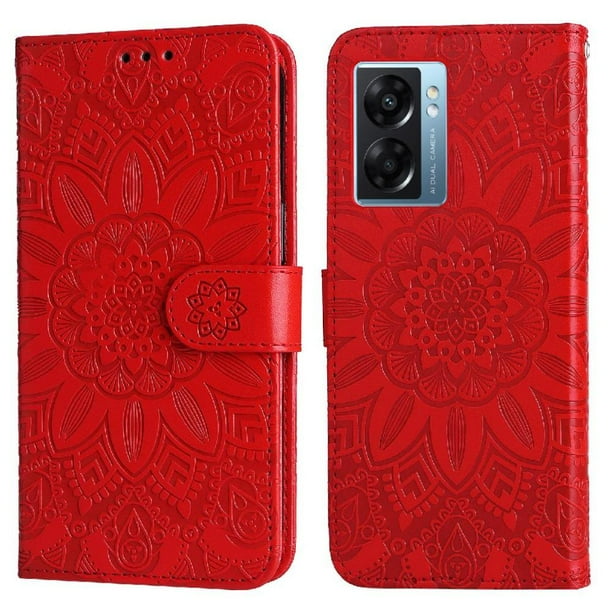 Funda tipo cartera FOXDOCK para OPPO A77 5G , diseño girasol en relieve, cuero PU, cierre magnético, soporte y tarjetero