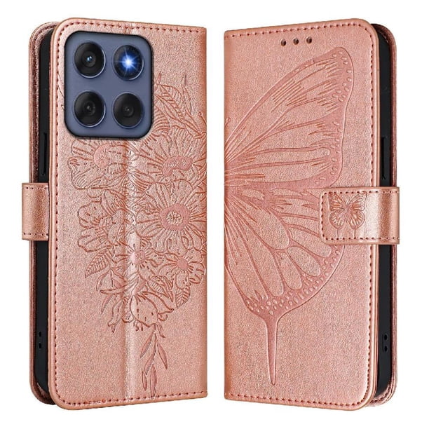 Funda cartera mariposa para Motorola Edge 60 con soporte y ranuras para tarjetas Oro rosa