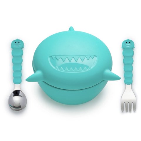 Melii - Bowl De Silicona Y Cubiertos Tiburon