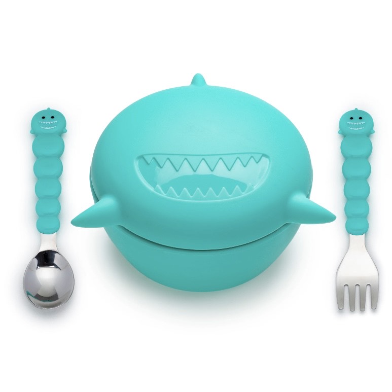 Melii - Bowl De Silicona Y Cubiertos Tiburon