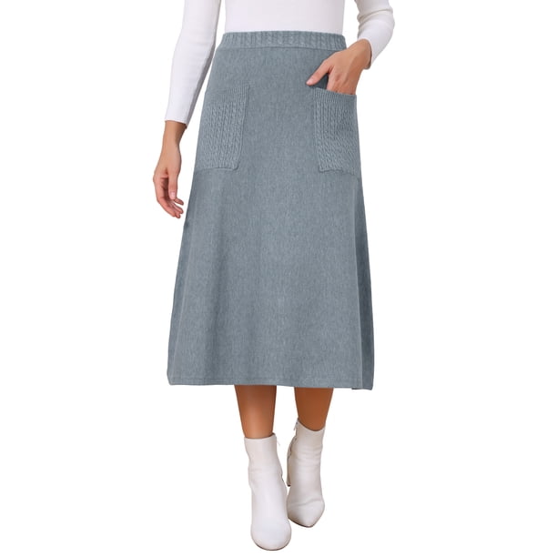 INSPIRE CHIC Falda de Suéter de Mujer Otoño Invierno Elástica de Cintura Alta Falda Midi de Punto A-Line con Bolsillos S Gris