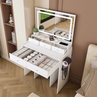 M&Ms - New Large Mirror Vanity Desk For Bed Room , Modern Makeup Vanity Set With Power Outlet And Hair Dryer Holder, 5 Drawers , 3 Lighting Color Adjustable Dressing Table For Bedroom, White Color