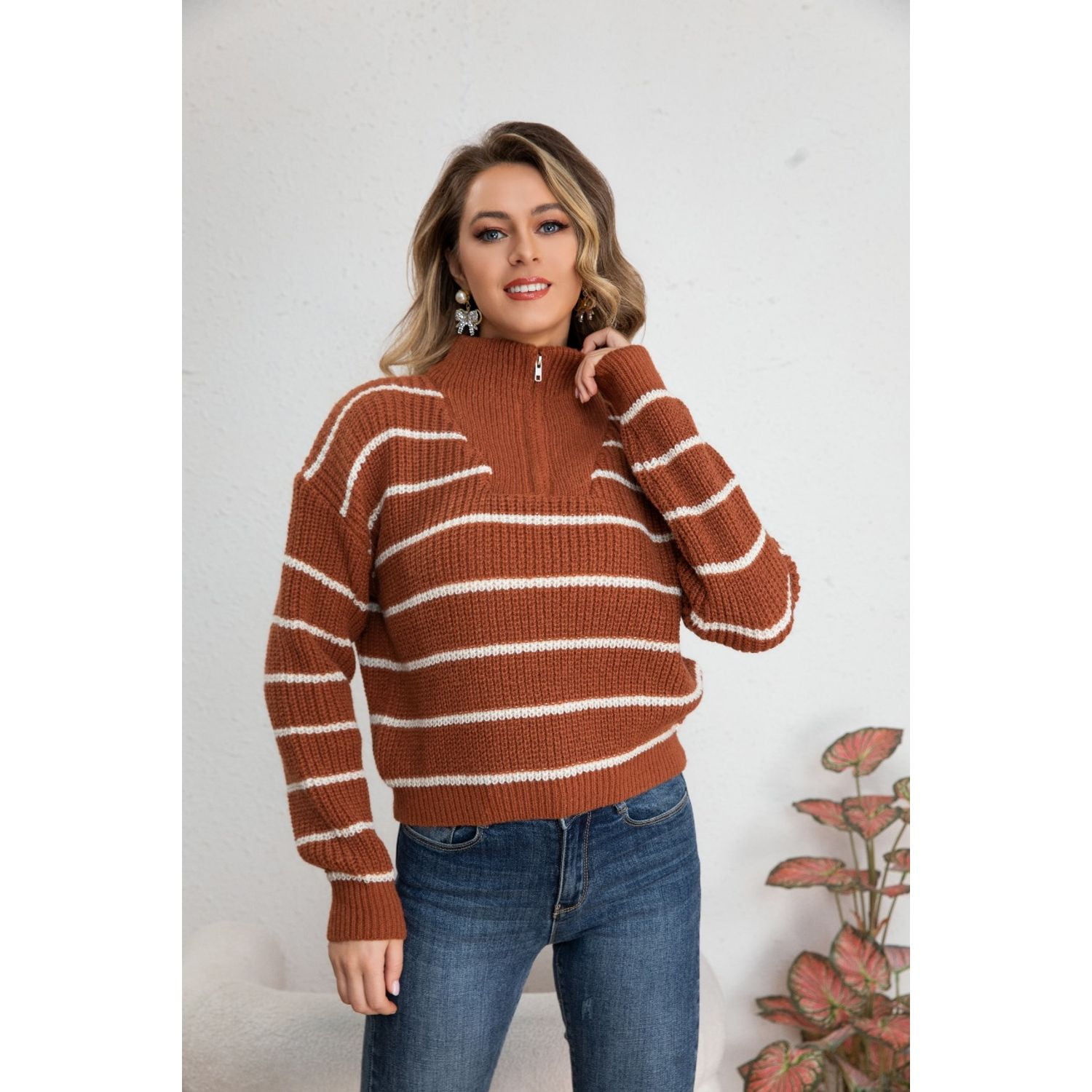 Likeshop - Sweater Mujer Tejido Semi Corto Otoño Invierno Cuello Con Cierre 7019