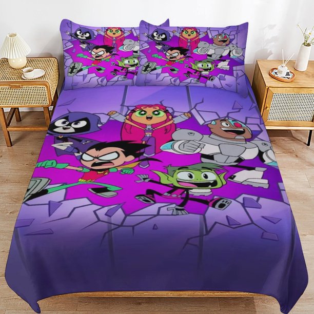 Teen Titans Go Cartoon Bedding Sets Ultra Soft Skin-Friendly Duvet Cover 3 Piece, Cute Comforter Cover Bed Set for Boys Girls Kids