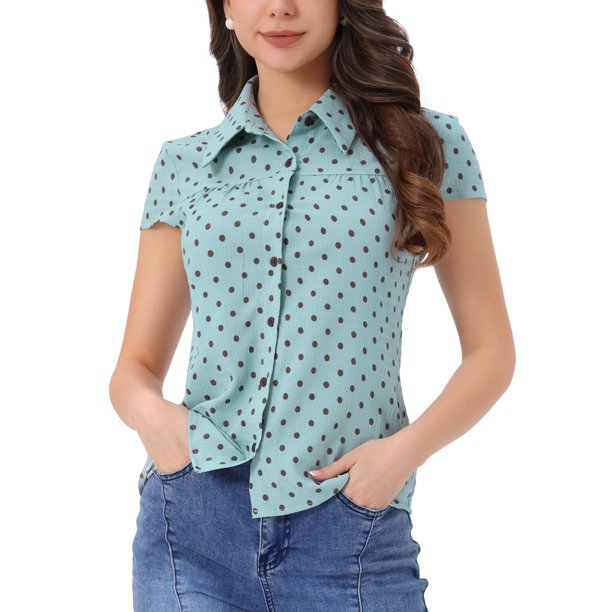 INSPIRE CHIC Camisetas Vintage de Manga Corta para Mujer de Regreso a Clases Camisa de Lunares con Botones L Azul Polvoriento