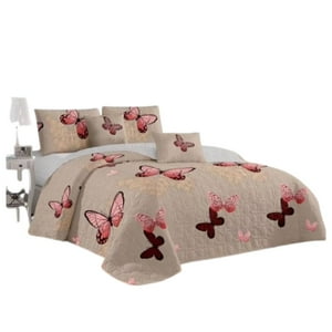 Genérico - Cubrecama Quilt Verano 1.5 Plazas - Beige Mariposas Kfl090