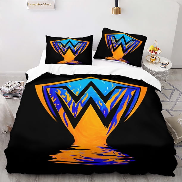 W Logo Printed Wrestling Bedding - Modern Wrestling Theme Duvet Cover And Pillowcases for Room Decor Zippered Bedding Machine Washable Sheets (Duvet Insert Not