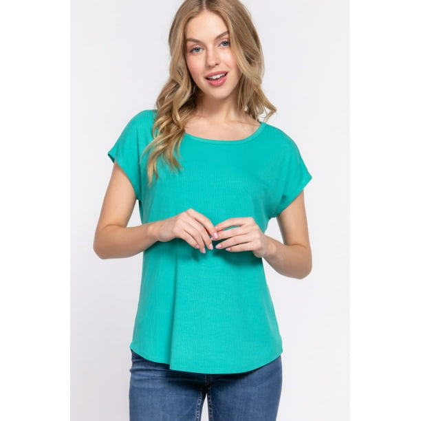 Saronite Camiseta Básica de Manga Corta Estilo Dolman de Punto Acanalado de Rayón, Verde Esmeralda (para Mujer)