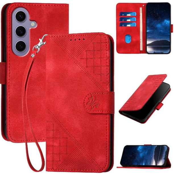 Funda Flip Premium Fibra de Carbono para Samsung Galaxy S24 con Soporte y Cierre Rojo
