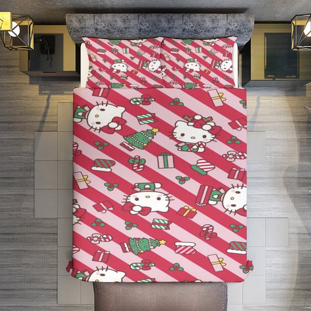 Merry Christmas Hello Kitty Gift Comforter Twin SizeComforter Set for Kids Girls3Pcs Bedding Set Printed Comforter with 2 PillowcasesDown AlternativeSoft and Lightweight Bed Sheets