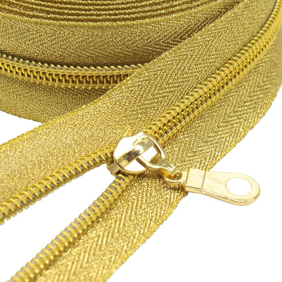 Cinta de Cierre MebuZip #5 de Nylon Metálico Dorado en Rollo de 9 m con 25 Tiradores