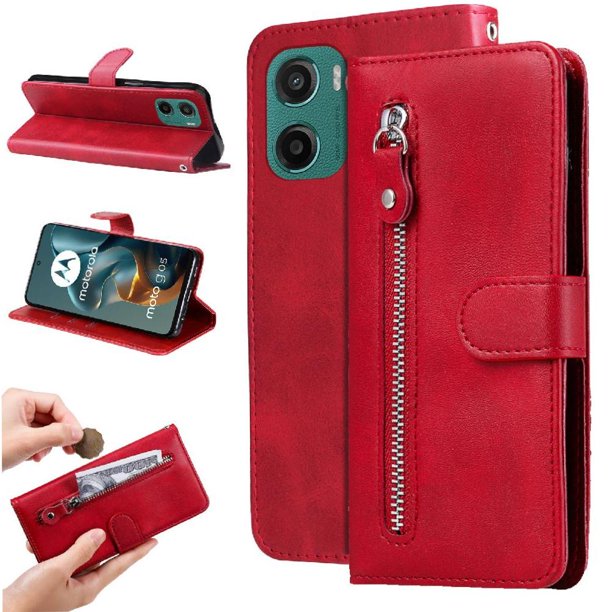 Funda tipo cartera para Motorola Moto G05 con bolsillo con cremallera y ranuras para tarjetas – Función de soporte Rojo