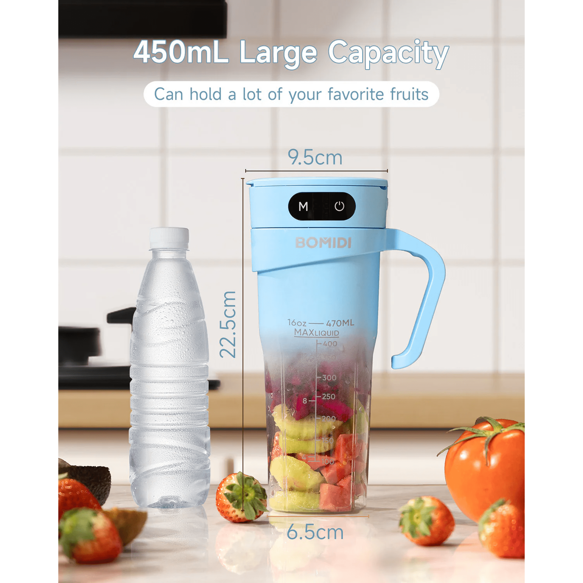 Bomidi - Licuadora Portátil 450 Ml, 6 Cuchillas Tritura Hielo, Impermeable Ipx7, Carga Tipo C Sin Bpa