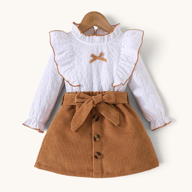 Conjunto De Polera Manga Larga + Falda Y Cinturon Cotele Para Niñas Primavera Verano