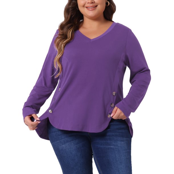 GRACE & GRANDEUR Ropa de Halloween para Mujer Tallas Grandes Blusa de Manga Larga con Cuello en V Ajuste Suelto con Botones Decorativos y Dobladillo Irregular 1X Púrpura Oscuro